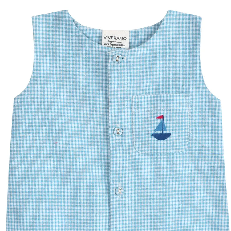 
                    
                      Baby Boy Organic Cotton Nautical Gingham Romper in Blue | Viverano
                    
                  