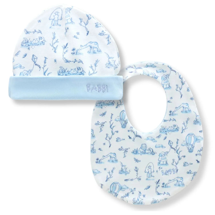 Toile de Jouy Bib & Hat Set in Blue baby boy 0-3m