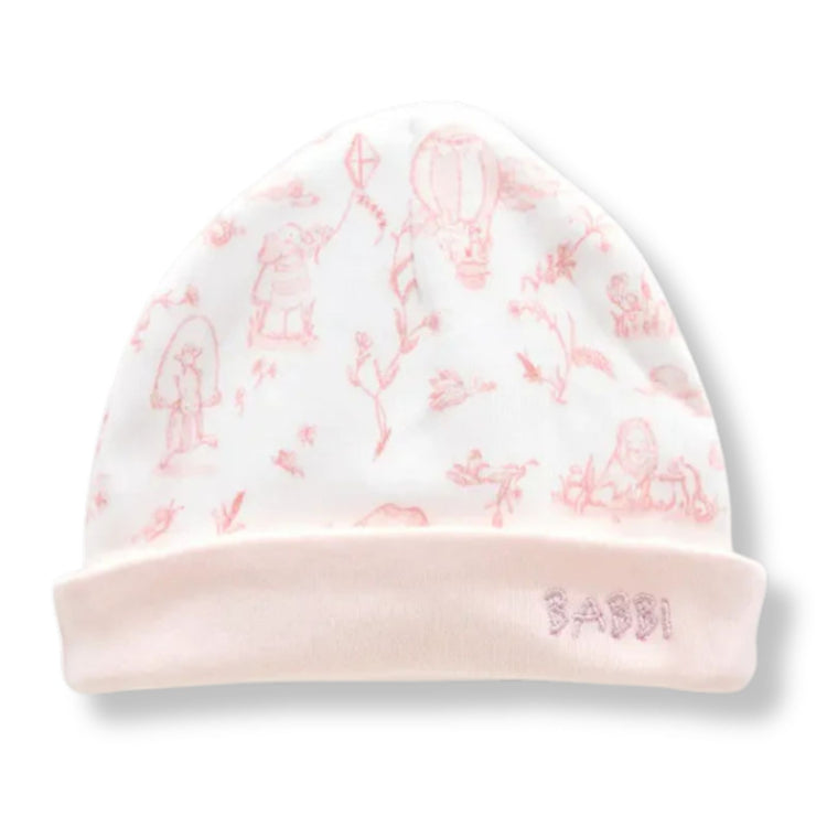 
                    
                      Toile de Jouy Bib & Hat Set in Pink - newborn bib and hat set in pink Toile de Jouy print by Atelier Babbi, 100% cotton
                    
                  