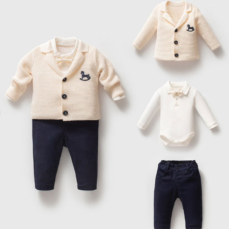 Carousel Knit Jacket, Bodysuit & Pants Set in cream organic cotton-linen blend 3-piece baby boy outfit
