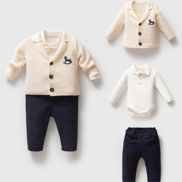 Carousel Knit Jacket, Bodysuit & Pants Set in cream organic cotton-linen blend 3-piece baby boy outfit