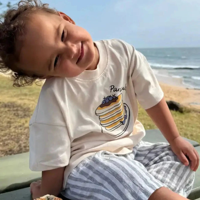 Toddler Boy Beige Pancake Stack Print T-Shirt - Organic Cotton - Luna + Luca