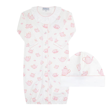 Petite Tea Time Converter Gown & Hat (Pima Cotton), Nellapima Pima cotton baby girl converter gown with tea set print and matching hat