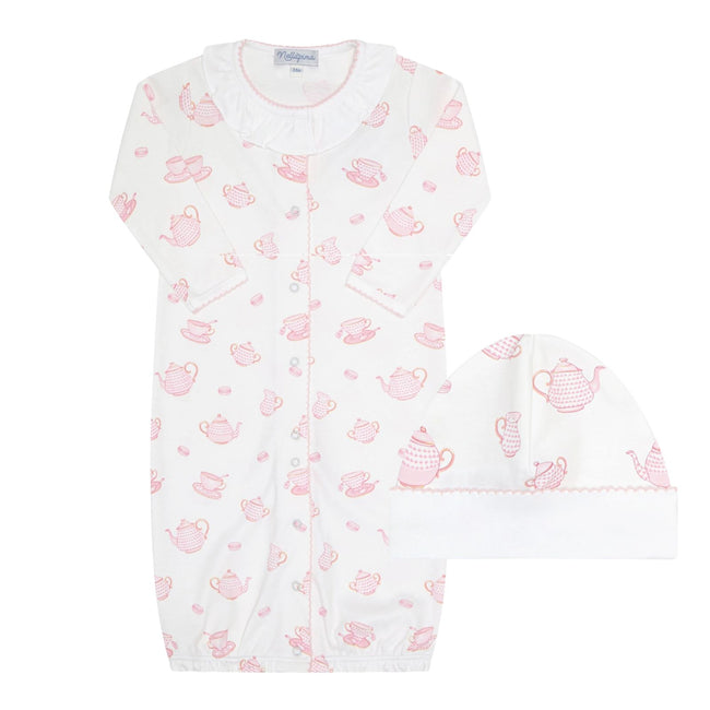 Petite Tea Time Converter Gown & Hat (Pima Cotton), Nellapima Pima cotton baby girl converter gown with tea set print and matching hat