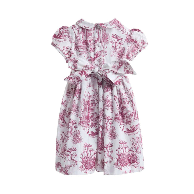 Philomena Smocked Toile de Jouy Dress - Burgundy / White, back view showing fabric-covered buttons and cotton lining