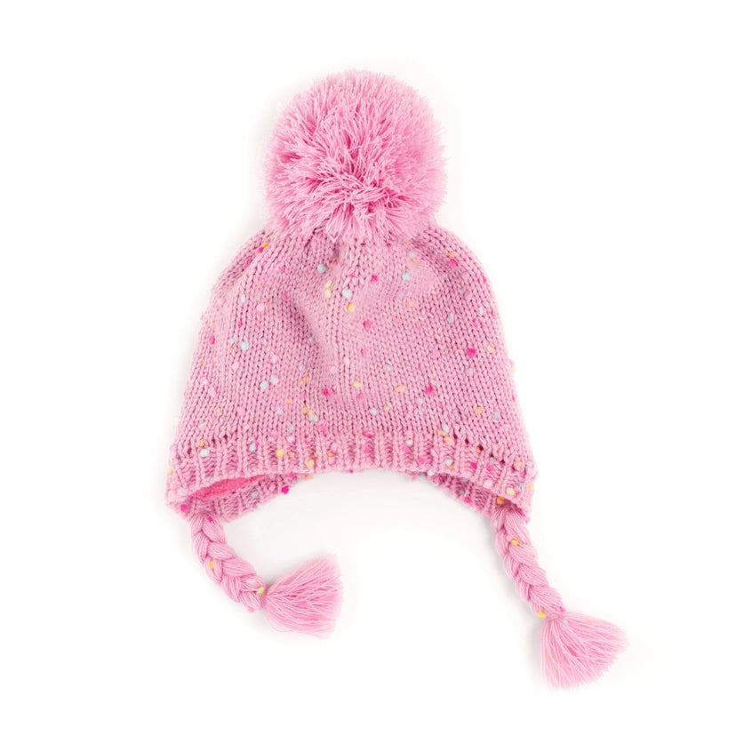 Pink Confetti Cutie Hat pastel knit earflap hat with pompom and tassels