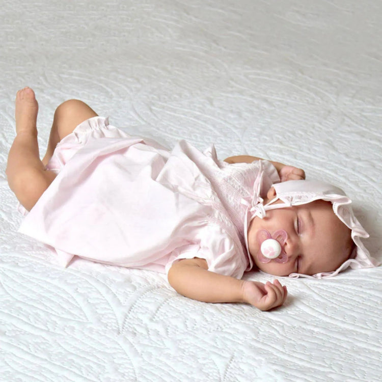 Smocked Dress Set with French Lace & Bonnet baby sleeping
