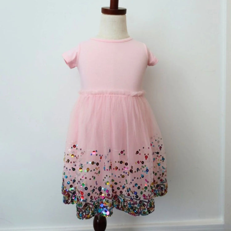 Pink confetti tutu dress for baby girl with short sleeves and layered tulle skirt