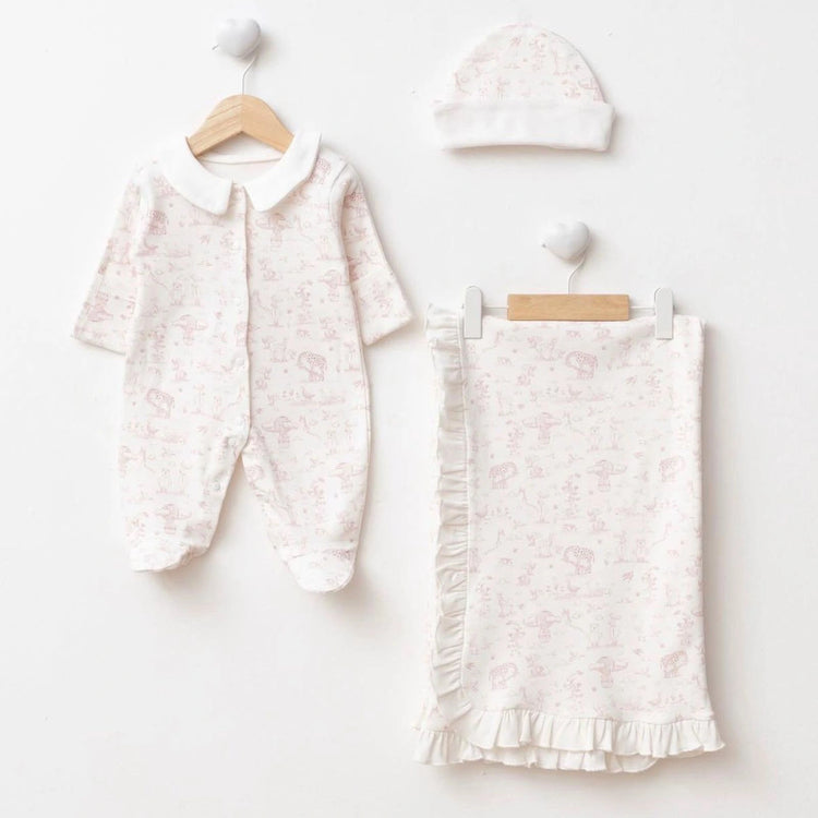 
                    
                      Baby Girl Pink Toile Romper, Blanket & Hat Layette Set
                    
                  