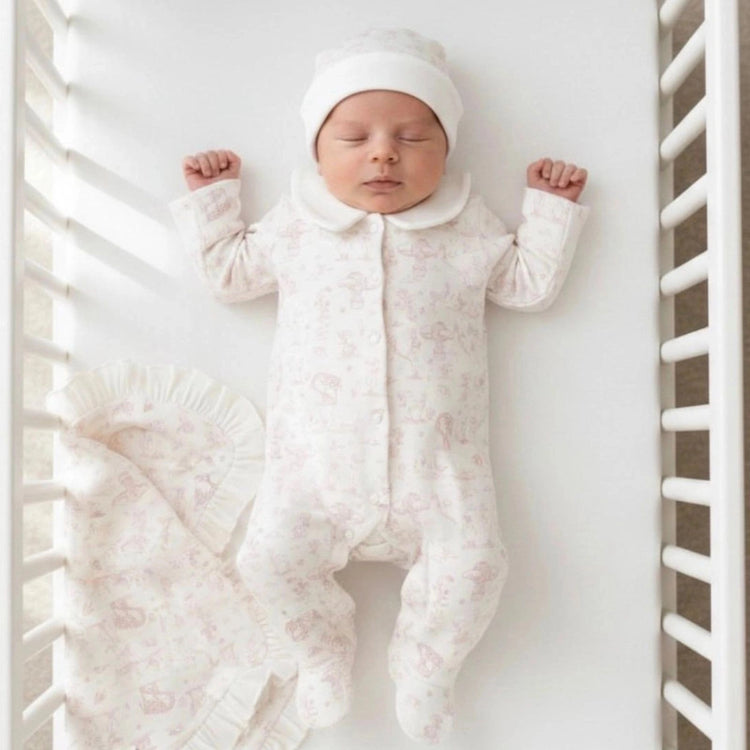 
                    
                      Baby Girl Pink Toile Romper, Blanket & Hat Layette Set
                    
                  
