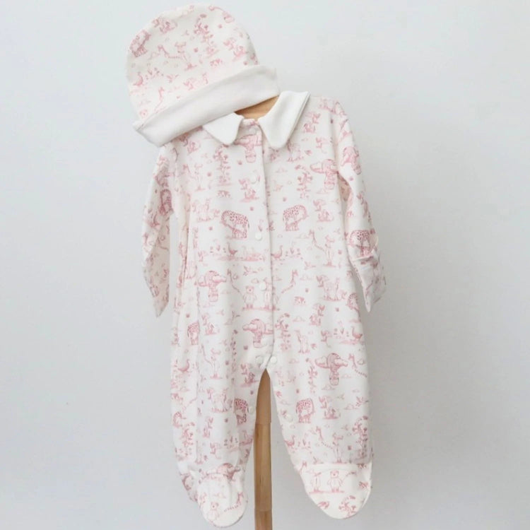 
                    
                      Baby Girl Pink Toile Romper, Blanket & Hat Layette Set
                    
                  