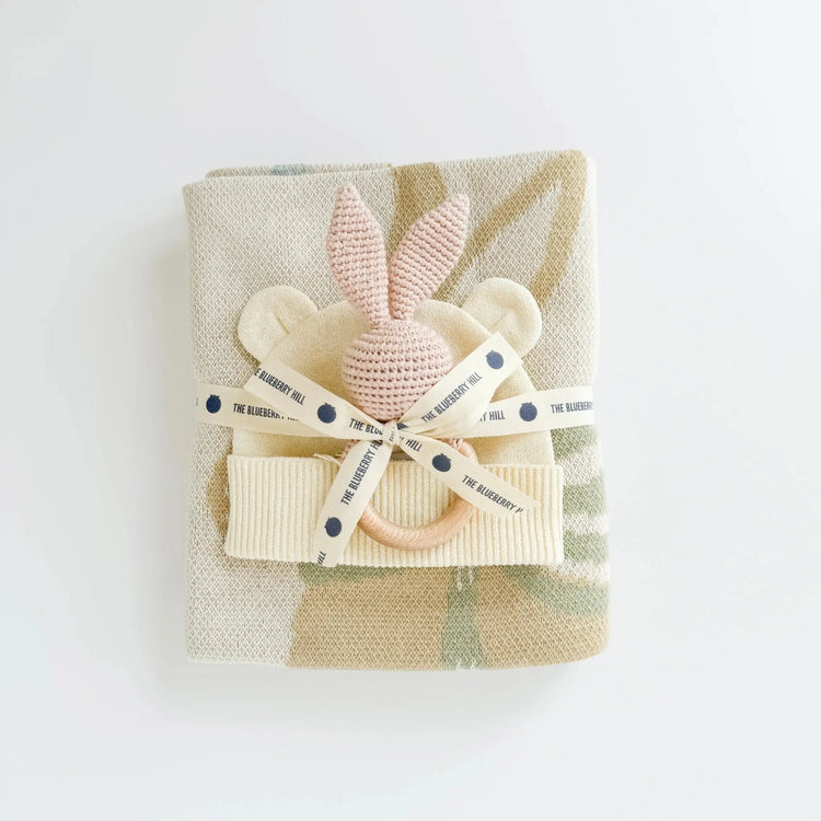 Pastel Floral Baby Blanket Hat Teether Gift Set (Organic Cotton)