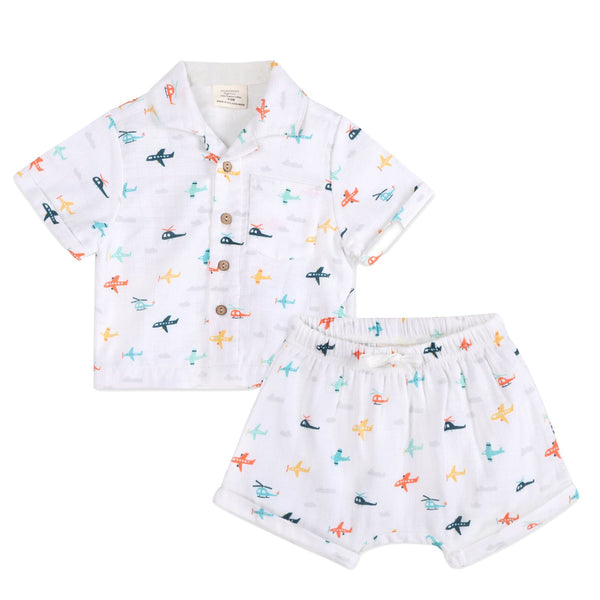 Baby Boy Organic Cotton Airplane Print Shirt & Shorts Set | Viverano Organics | Olive Sprout Kids