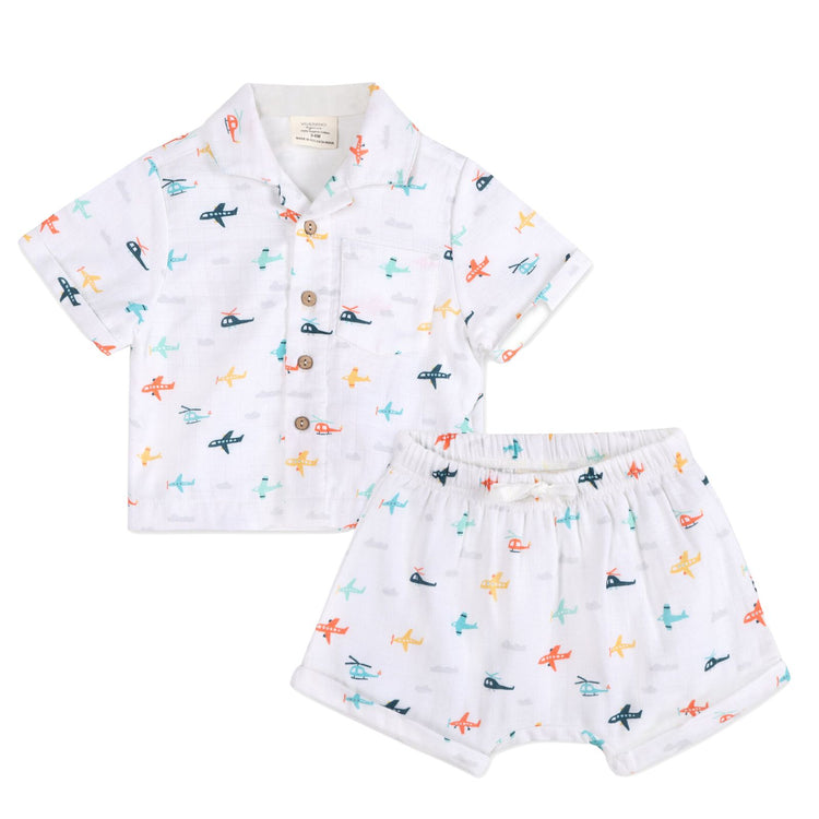 Baby Boy Organic Cotton Airplane Print Shirt & Shorts Set | Viverano Organics | Olive Sprout Kids