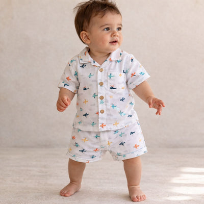 Airplane Print Baby Shirt & Shorts Set (Organic Cotton)