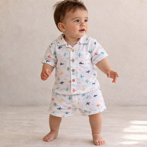 Airplane Print Baby Shirt & Shorts Set (Organic Cotton)