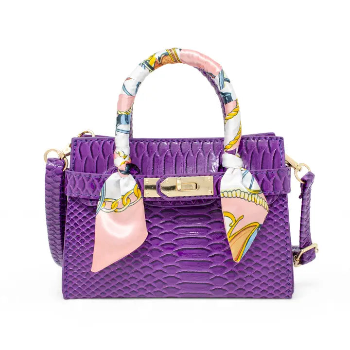 Purple Bougie Baby Bag kids crocodile purse with scarf detail