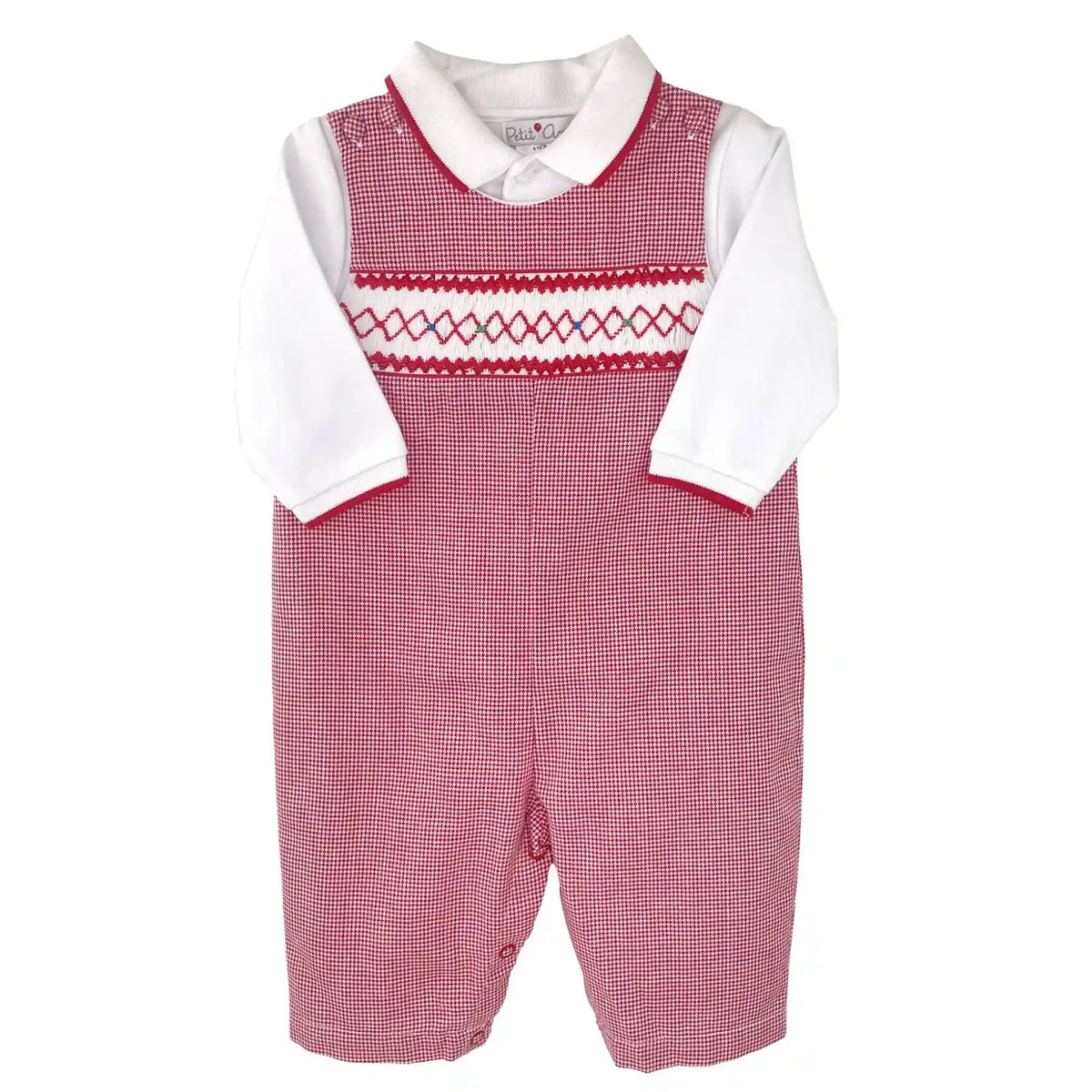 A baby's short-sleeve romper in a red and white gingham pattern, featuring a white Peter Pan collar, white long sleeves, and red and white embroidered detailing across the chest.