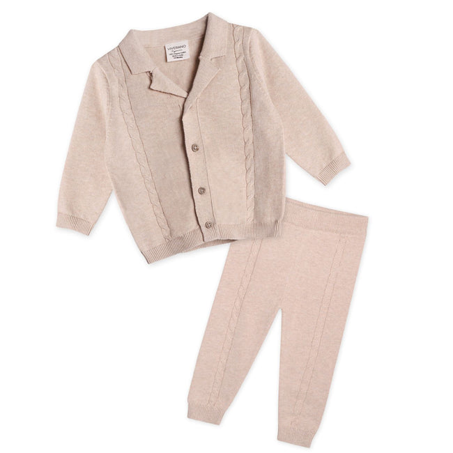Resort Cable Knit Baby Sweater Cardigan & Pant Set, Viverano Organics organic cotton cable knit cardigan with matching pants on baby