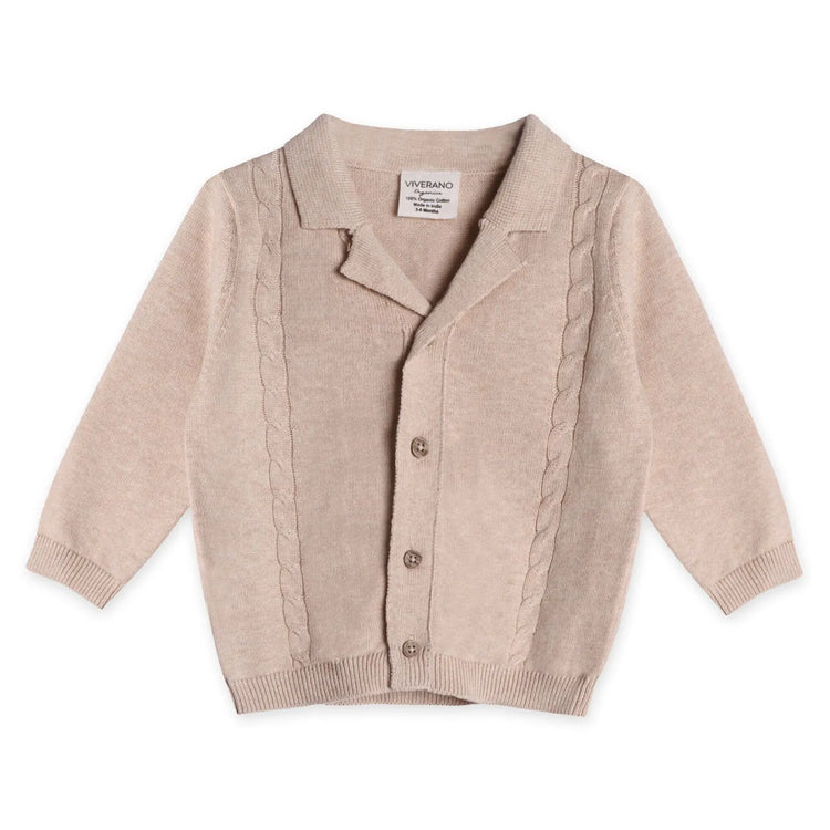 
                    
                      Resort Cable Knit Baby Sweater Cardigan & Pant Set, Viverano Organics organic cotton cable knit cardigan with matching pants on baby
                    
                  