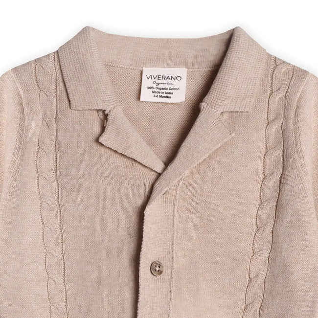 Resort Cable Knit Baby Sweater Cardigan & Pant Set, Viverano Organics organic cotton cable knit cardigan with matching pants on baby