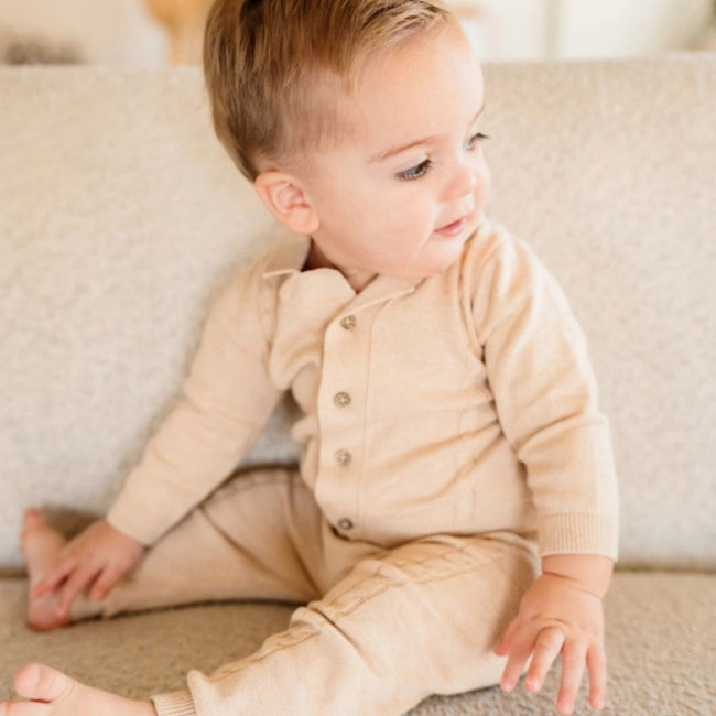 Resort Cable Knit Baby Sweater Cardigan & Pant Set, Viverano Organics organic cotton cable knit cardigan with matching pants on baby