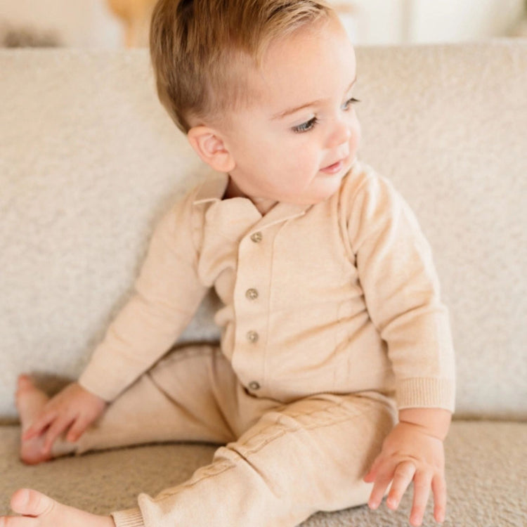 Resort Cable Knit Baby Sweater Cardigan & Pant Set, Viverano Organics organic cotton cable knit cardigan with matching pants on baby