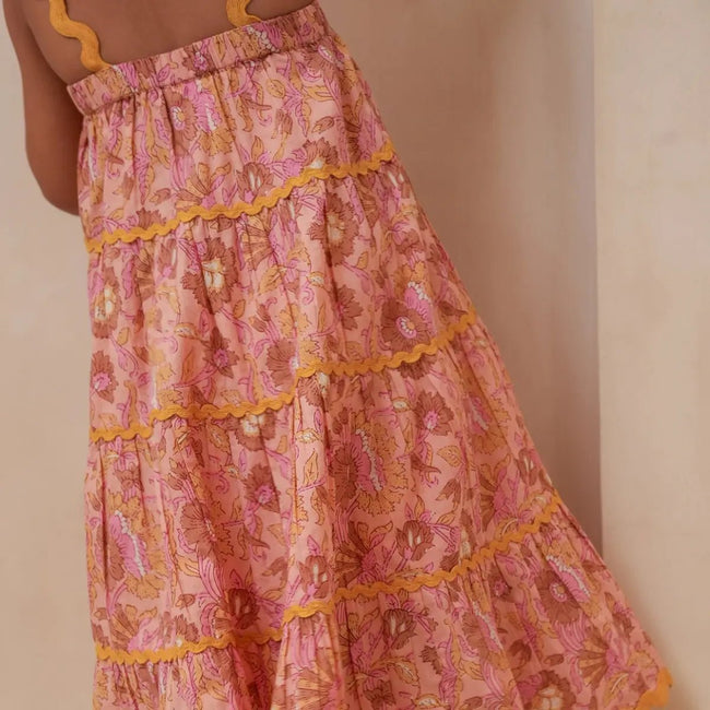 Pastel Pink Tiered Dress - close up of mustard ric-rac trim detail, toddler summer
