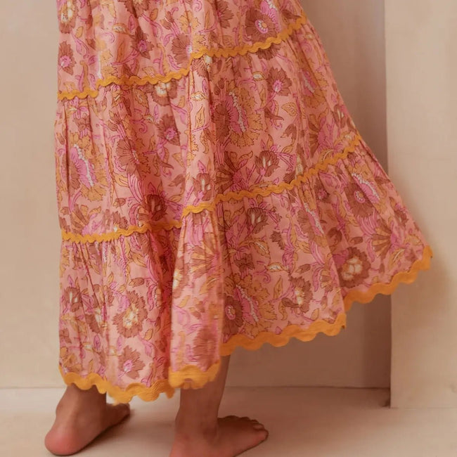 Pastel Pink Tiered Dress - close up of mustard ric-rac trim detail for toddler girls summer
