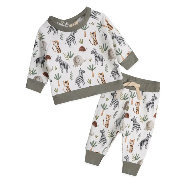 Safari Animals Baby Pullover & Pants Set (Organic Cotton) - Olive Sprout Kids