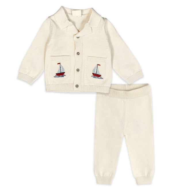Sailboat Embroidered Pocket Baby Shirt & Pants Set, Viverano Organics nautical baby boy organic cotton button-front shirt with sailboat embroidered pockets and matching pants