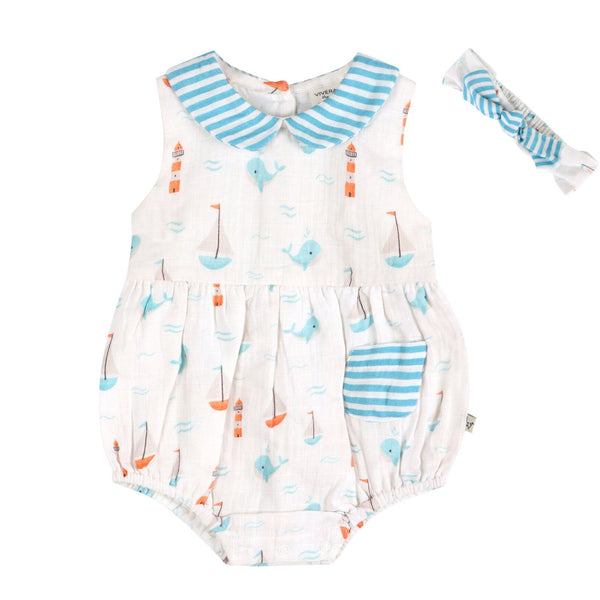 Baby Girl Organic Cotton Sailboat Bubble Romper & Headband | Viverano Organics | Olive Sprout Kids