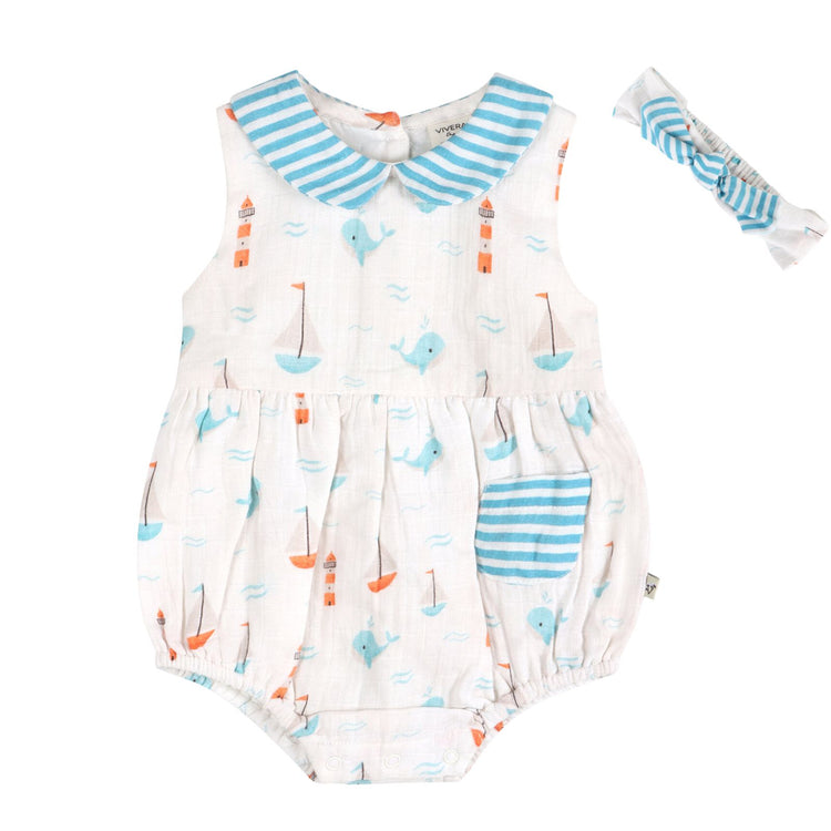 Baby Girl Organic Cotton Sailboat Bubble Romper & Headband | Viverano Organics | Olive Sprout Kids