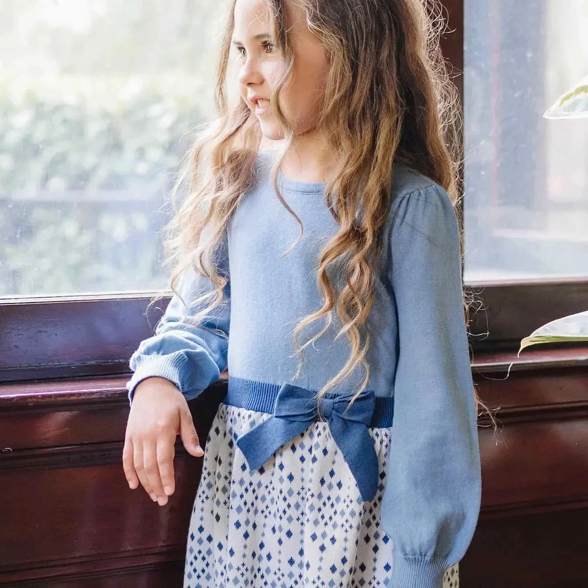 Hope & Henry Toddler Girls Organic Long Sleeve Skater Sweater Dress with Bow