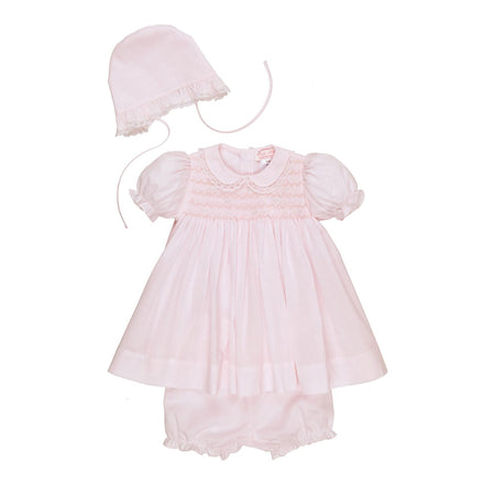 Smocked Baby Dress Set with French Lace & Matching Bonnet