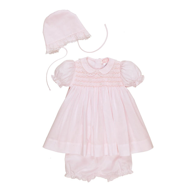 Smocked Baby Dress Set with French Lace & Matching Bonnet
