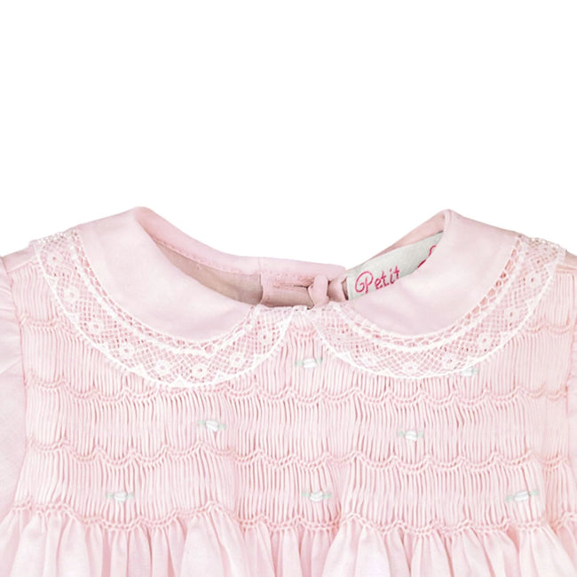 Smocked Baby Dress Set with French Lace & Matching Bonnet close up baby girls