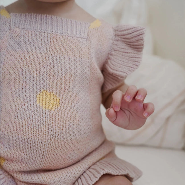 Luna & Luca Spring Blooms Romper – Light Plum styled as a breathable organic cotton romper for baby girls