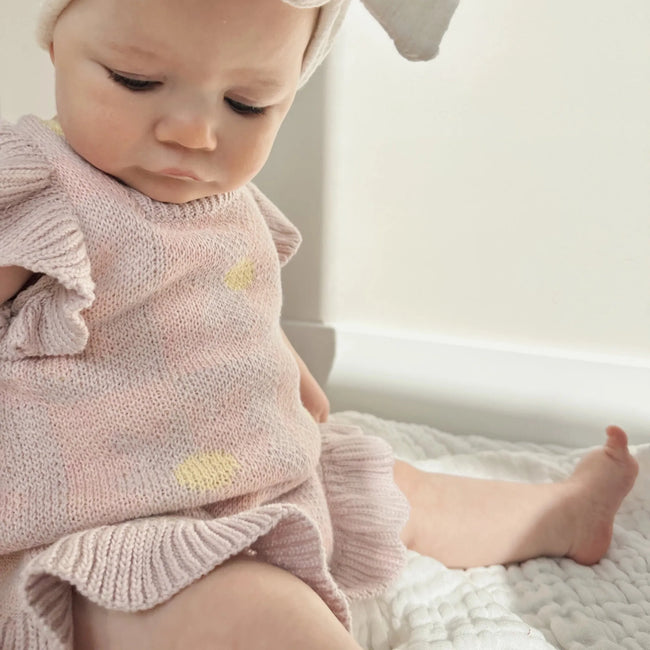 Luna & Luca Spring Blooms Romper – Light Plum featuring organic cotton fabric and floral pattern for babies