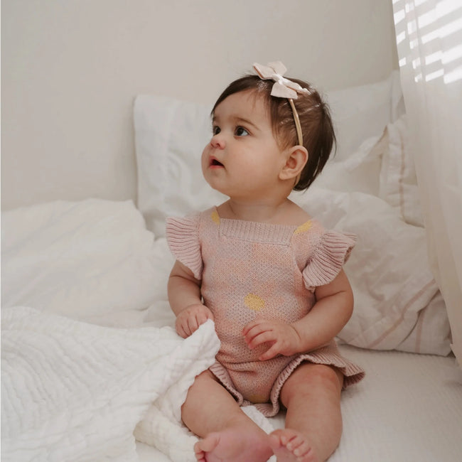 Luna & Luca Spring Blooms Romper – Light Plum made from organic cotton baby girl romper with floral print