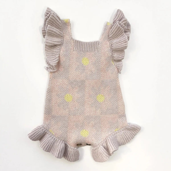Luna & Luca Spring Blooms Romper – Light Plum shown as an organic cotton baby girl outfit