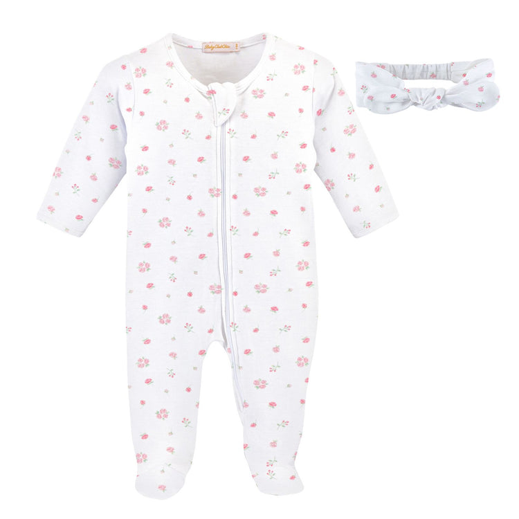 Baby girl rosebud zipped footie & headband set | Olive Sprout Kids for baby girls