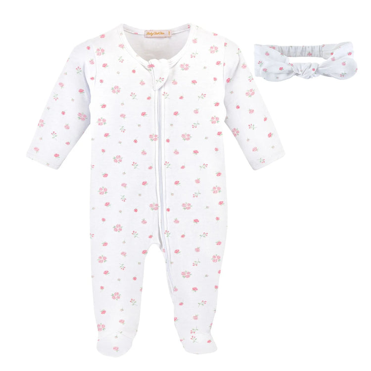 Baby Girl Pima Rosebud Zip Footie & Headband | Baby Club Chic