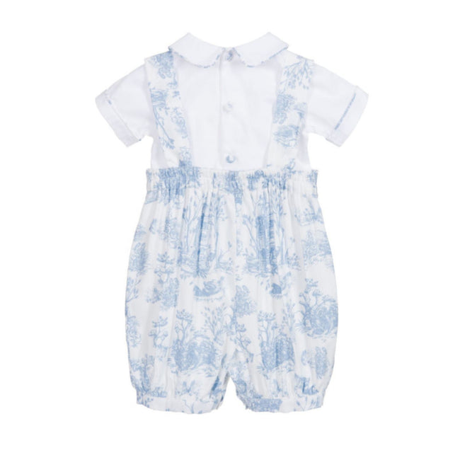 Theodore Toile de Jouy Overalls & Shirt Set in Blue - back view, baby boy, Annafie