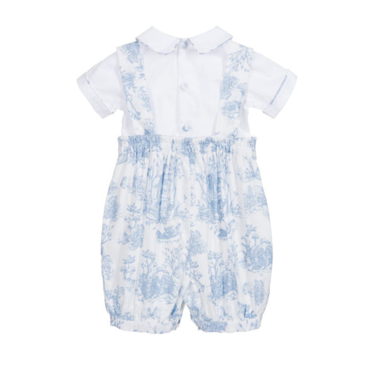 
                    
                      Theodore Toile de Jouy Overalls & Shirt Set in Blue - back view, baby boy, Annafie
                    
                  