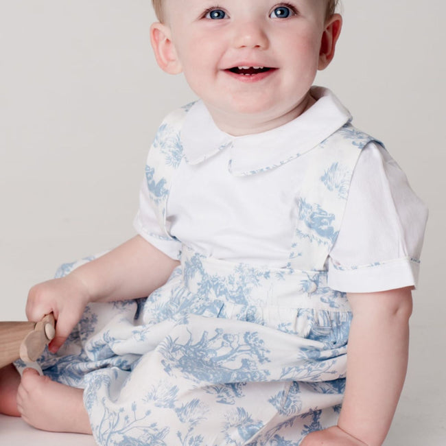 Close-up of Theodore Set piqué shirt with toile piping and fabric-covered buttons, Annafie