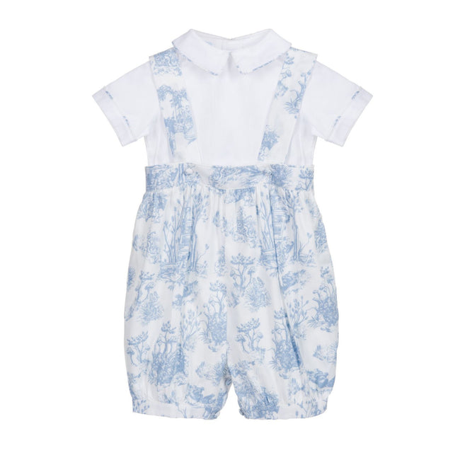 Baby boy wearing Theodore Toile de Jouy Overalls & Shirt Set in Blue by Annafie