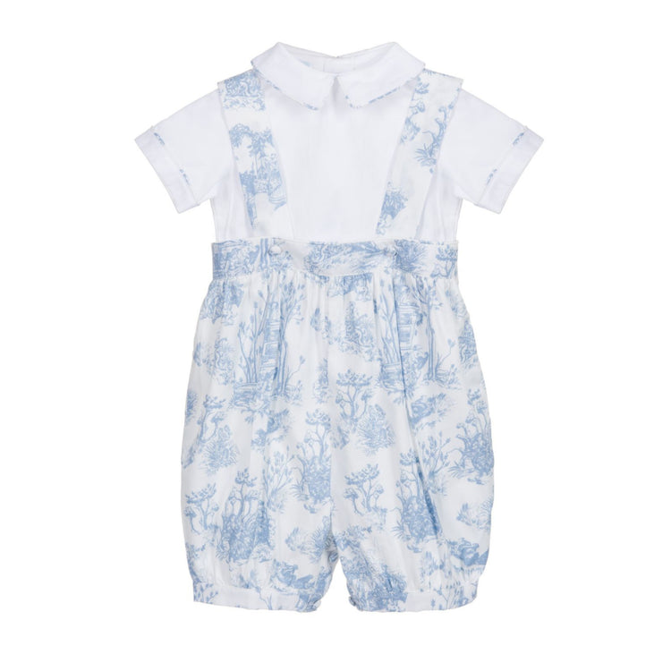 
                    
                      Baby boy wearing Theodore Toile de Jouy Overalls & Shirt Set in Blue by Annafie
                    
                  