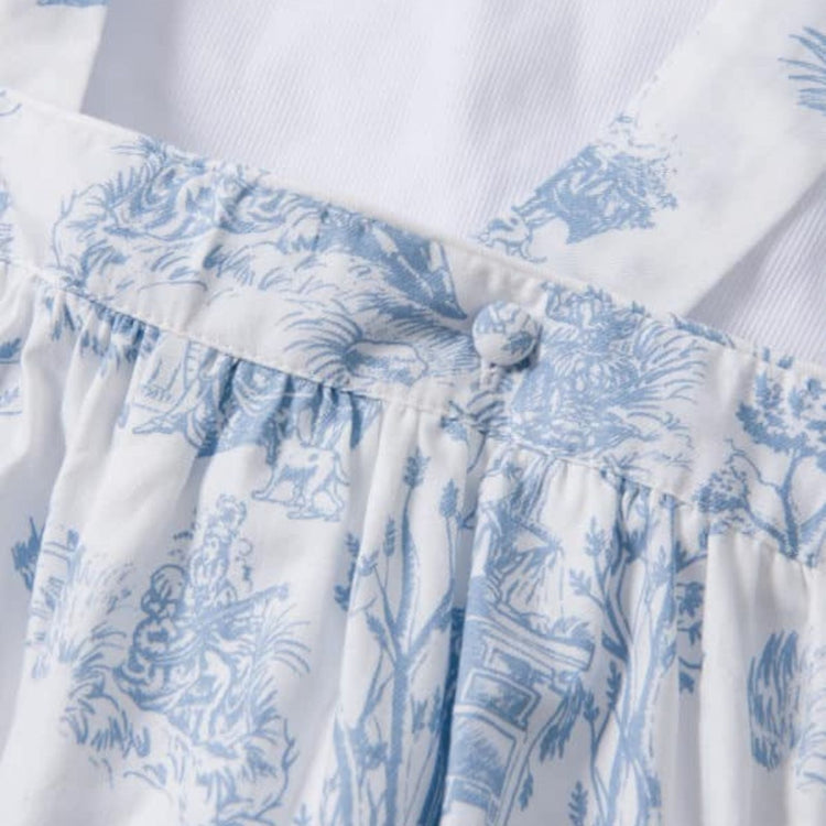 
                    
                      Theodore Toile de Jouy Overalls & Shirt Set in Blue - back view showing elasticated waist, Annafie
                    
                  