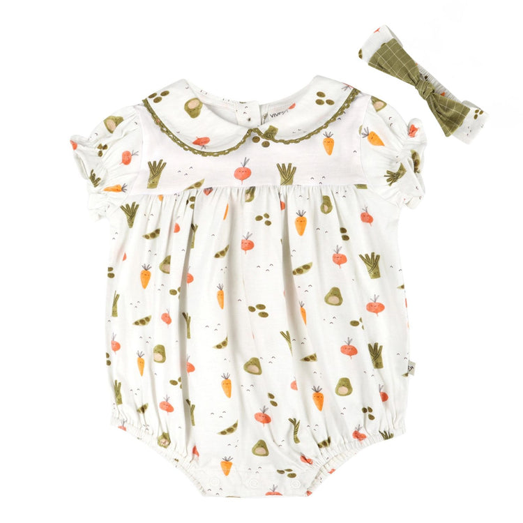 Baby Girl Organic Cotton Veggie Print Bubble Romper & Headband | Viverano Organics 